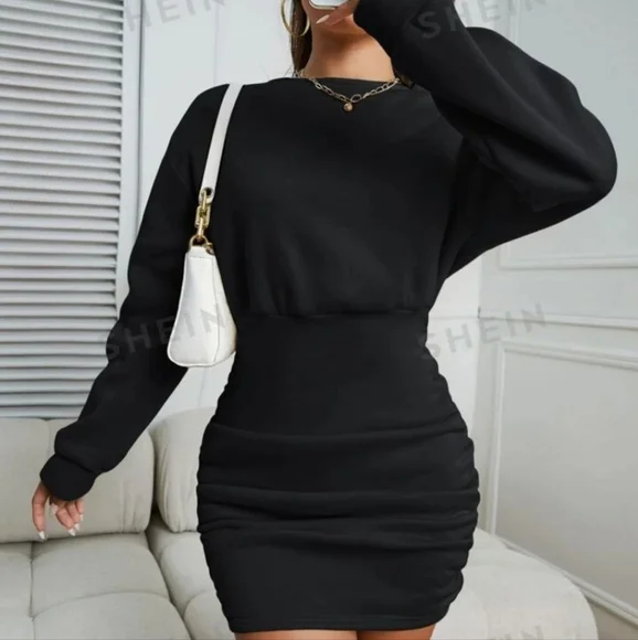 ruched sweatshirt dress RUCHED HIGH LOW MIDI DRESS